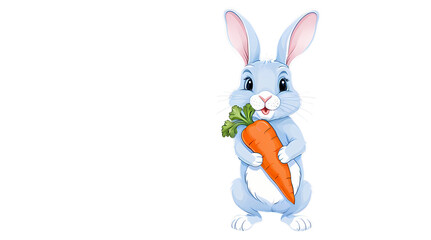 Obraz premium Cute Bunny with Carrot: A whimsical blue bunny with big eyes and a sweet smile holds a bright orange carrot, perfect for Easter or springtime illustrations. 