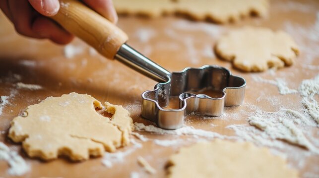 Cookie Cutter Creation: Close-up shot of hands using a festive cookie cutter to shape dough, surrounded by other unshaped dough pieces on a wooden surface.