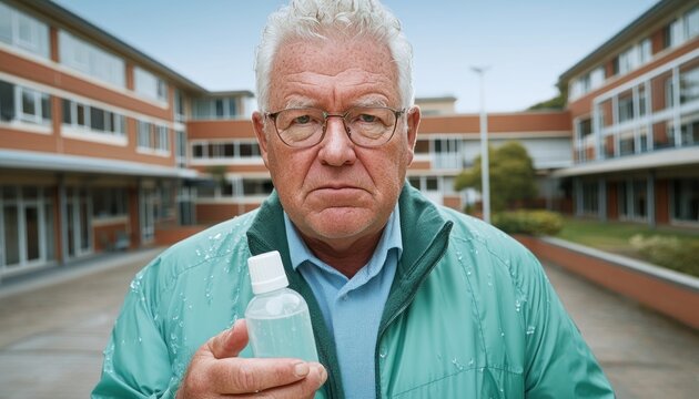 Prevention and Hygiene for Seniors A Senior Man at a Community Event Demonstrates Proper Hand Sanitizer Use, Promoting Cleanliness and Health Awareness Among Older Adults to Reduce the Risk of
