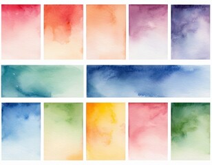 Naklejka premium A grid of 12 watercolor texture swatches showcasing soft gradients in various hues: pink, orange, blue, green, and yellow.