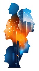 Abstract silhouette of diverse profiles merging with a vibrant city skyline, symbolizing innovation, teamwork, and human connection in a modern urban environment
