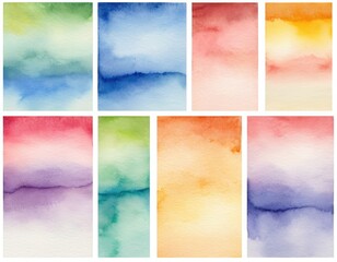 Naklejka premium A grid of eight vibrant watercolor backgrounds featuring soft blends of blue, green, red, orange, yellow, and purple hues.