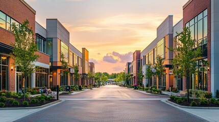 Fototapeta premium Modern Urban Shopping District at Sunset with Trees and Pathway