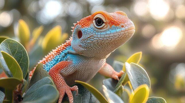 Vibrant orange and blue lizard perched on green leaves in sunlight.