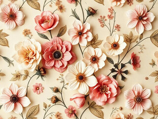 Artistic illustration. Seamless pattern with flowers in the form of embroidery on fabric