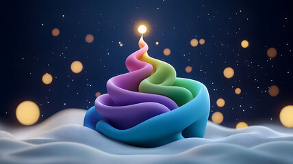 colorful spiral sculpture with glowing tip, surrounded by soft snow and bokeh lights, creates whimsical and enchanting atmosphere