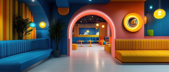 [Modern vibrant living room design] Vibrant Modern Living Room Interior Design Concept With Neon Accents & Interactive Display