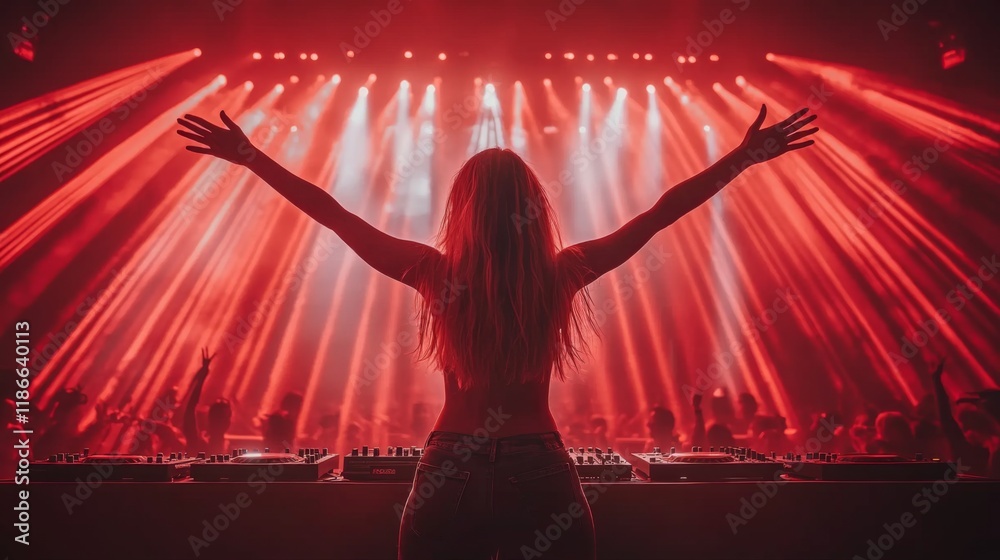 Poster a dj stands confidently behind the turntables, arms raised high while engaging with a cheering crowd