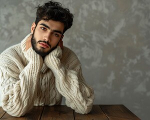 Saudi male model poses casually indoors with a warm sweater and thoughtful expression