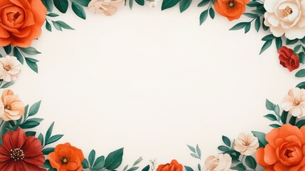 Fototapeta premium Floral frame with red, orange, and white flowers on white background.