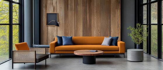 [Contemporary living room with gray coffee table and large wooden panel] Cozy Modern Living Room Interior with Wooden Panel and Natural Light