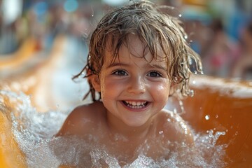 Obraz premium A young child sliding down a water slide on a sunny day
