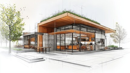 A detailed sketch of a fast food restaurant with an environmentally-friendly facade, green roofs, energy-efficient windows, and a minimalist design offering plenty of  space.