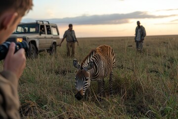 Wildlife safaris showcase wild animals and stunning sunset views. A zebra grazes in a savannah with onlookers nearby.