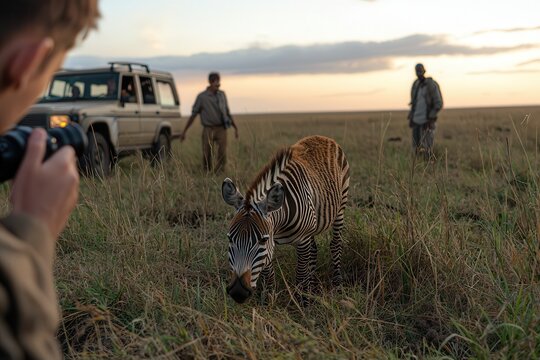 Fototapeta Wildlife safaris showcase wild animals and stunning sunset views. A zebra grazes in a savannah with onlookers nearby.