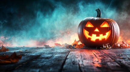 Jack-o'-Lantern's Glowing Grin: A sinister Jack-o'-Lantern with an eerie grin illuminates a weathered wooden table against a backdrop of swirling, atmospheric smoke.
