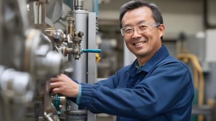 An Asian man engineer smiles confidently while working in a factory, wearing safety glasses and handling machinery, embodying precision and teamwork in a modern industrial environment.
