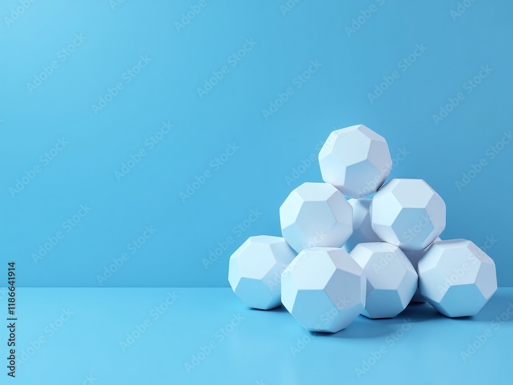 Poster geometric white balls with a 3d shape are placed against a blue background in an abstract banner des