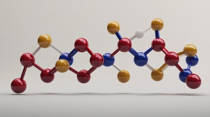 Obraz premium Molecular Structure: Abstract 3D rendering of a complex molecule, featuring vibrant red, blue, white, and gold spheres interconnected.