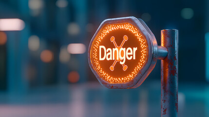 Industrial style danger sign with glowing orange lights, warning of hazards in modern environment. sign features bold Danger text, enhancing safety awareness