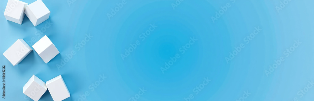 Poster geometric white 3d cubes against a blue background form a visually striking banner shape. 00002