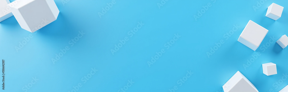 Poster geometric white 3d cubes against a blue background form a visually striking banner shape. 00001