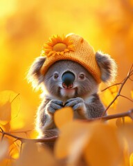 Fototapeta premium Adorable koala wearing a cute orange knitted hat adorned with a sunflower, nestled amongst autumn leaves in warm golden light. Perfect for greeting cards, children's books, or autumnal themes.