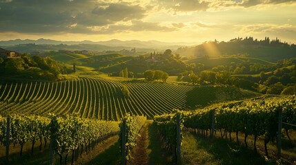 Fototapeta premium Serene Vineyard Landscape at Sunset in Tuscan Countryside