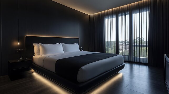 Modern bedroom decor in a practica room luxurious environment with contemporary design and natural light