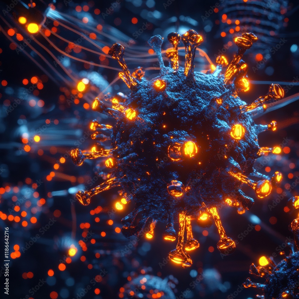 Aufkleber detailed 3d visualization showcasing a virus with capsid, spikes, and glowing rna strands in a dynam