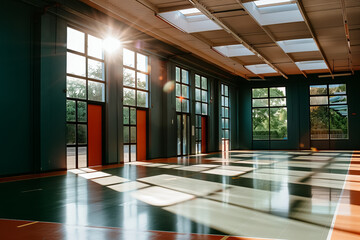 A large, empty room with a lot of windows and a sun shining through them