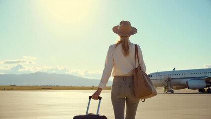 Young woman walking with suitcase to plane at airport. Travel concept.