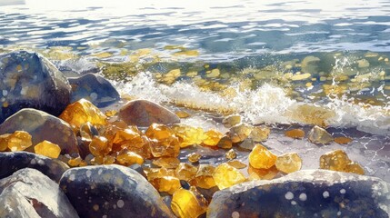 Fototapeta premium Golden Pebbles on the Shoreline of a Blue Ocean