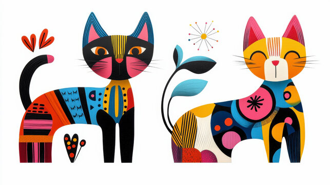 Colorful abstract art of two playful cats with geometric patterns, adding a lively touch to modern interior design.