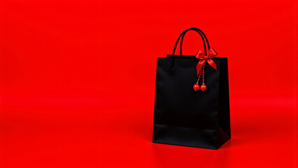 A stylish black shopping bag featuring a vibrant red bow and charming details.