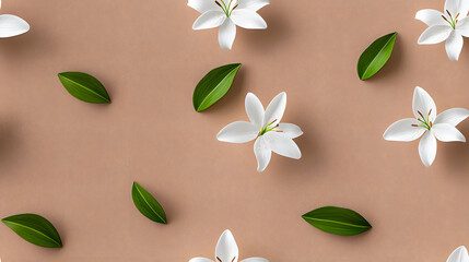White lilies and green leaves on soft brown background create serene and elegant composition. This floral arrangement evokes sense of calm and beauty, perfect for various design projects