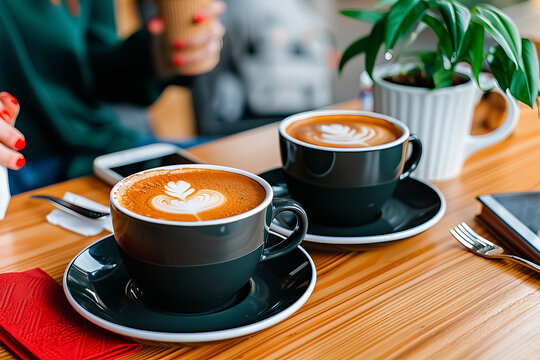 Two cups of coffee with a leaf design on top sit on a wooden table