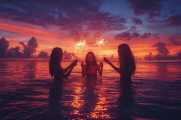 A breathtaking tropical scene featuring three women enjoying sparklers under a colorful sunset sky while standing in shallow ocean waters illuminated by the fading sunlight