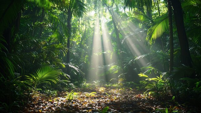 Sunlight Filtering Through Lush Green Foliage in Tropical Jungle