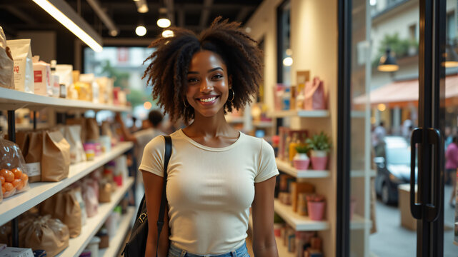 A cheerful woman with curly hair standing in a vibrant grocery store aisle.