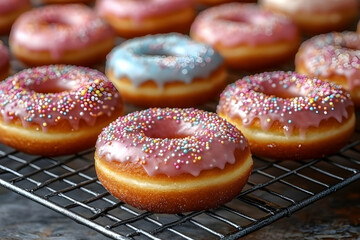 Close-up of assorted donuts with pink and blue icing and sprinkles on a cooling rack