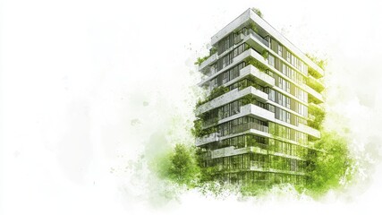 Modern city apartment building blueprint with green vertical paint stroke on a white textured background, symbolizing sustainable urban apartment planning and architecture.