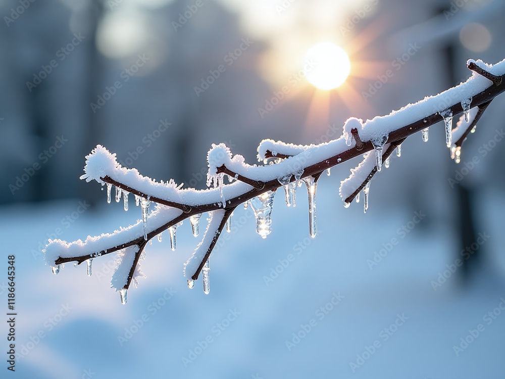 Poster Frozen Tree Branch In Winter Landscape With Soft Focus And Shallow Depth Of Field, Capturing Delicate Winter Details. 00001