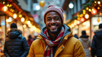 Fototapeta premium A cheerful man wearing a warm yellow coat and scarf, smiling in a vibrant market setting.