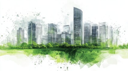 Obraz premium Modern city design blueprint with green vertical paint stroke on a white textured background, symbolizing sustainable urban planning and architecture.