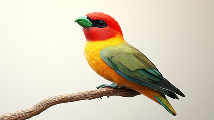 Obraz premium Vibrant Red Yellow and Green Exotic Bird Perched on a Branch Detailed Close up