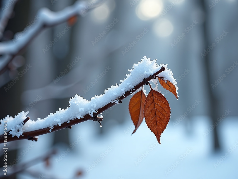 Poster Frozen Branch Against Winter Background With Brown Leaves In Soft Focus And Shallow Depth Of Field Photography Technique. 00003