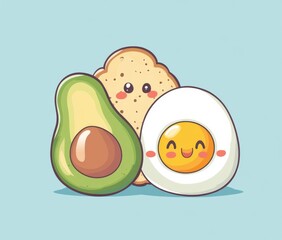 A cute cartoon illustration of some adorable breakfast items, such as an avocado, egg, and toast, cuddling together on a light blue background