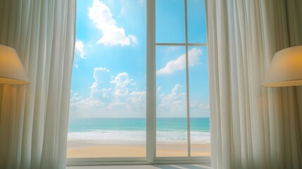 Serene View Open Window Overlooking a Pristine Beach with Turquoise Ocean and Blue Sky