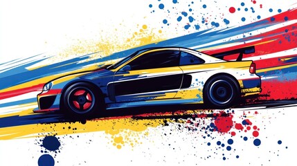 Fast sports coupe car in motion with colorful paint splatters and speed lines.